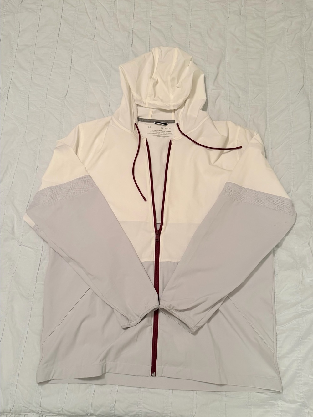 Under Armour White & Light Gray Hooded Windbreaker with Maroon Trim